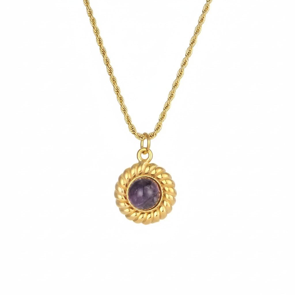 Colar Medalhão Vintage Ametista em Aço Inoxidável – Banho de Ouro, Hipoalergênico