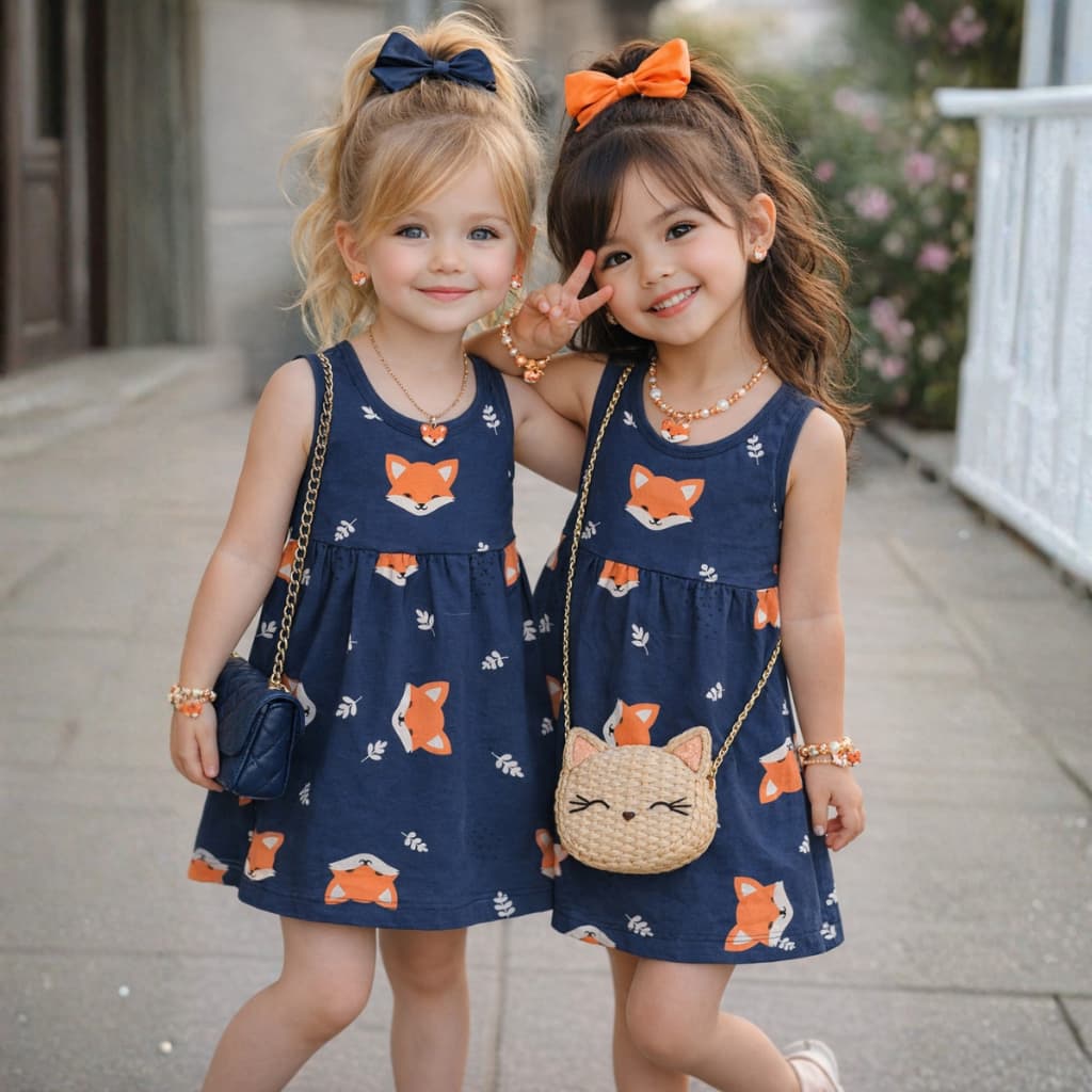 Vestido Infantil Estampa de Raposinha do Tamanho 1 ao 10 | Vestido Confortável e Fresquinho Azul