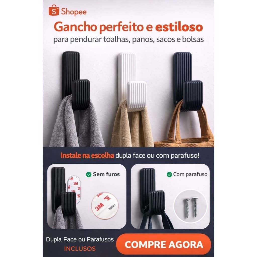 Kit 4 Cabides Gancho Organizador Multiuso Decorativo Premium/Fixação com Fita Dupla Face ou Parafuso- Frete Grátis Cupom