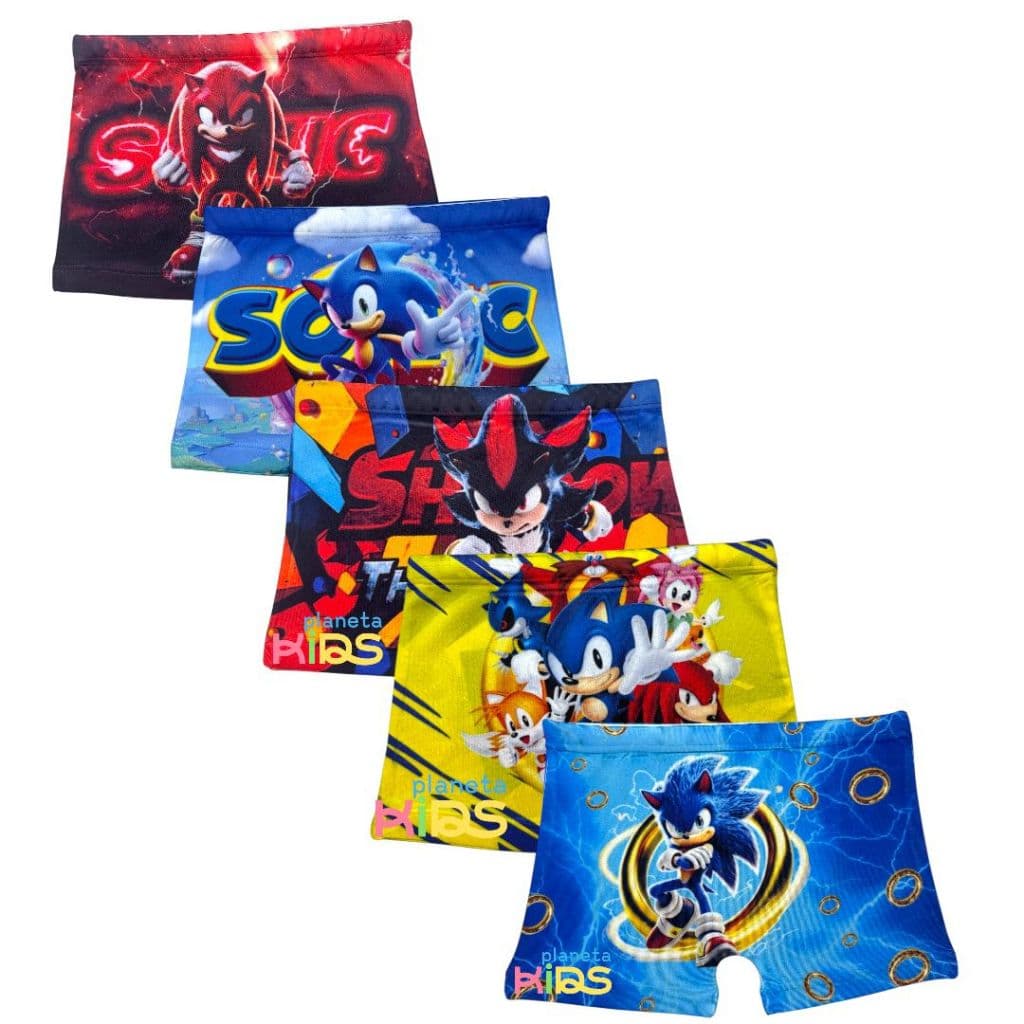 Kit com 5 Cueca Box Boxer Infantil Estampada Sonic Knuckles Shadow Menino Criança Masculino Microfibra