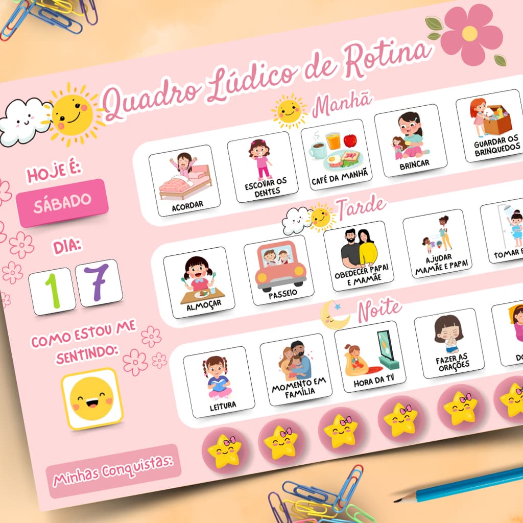 Quadro de Rotina Diária Infantil - Feito de  Imã para Fixação na Geladeira