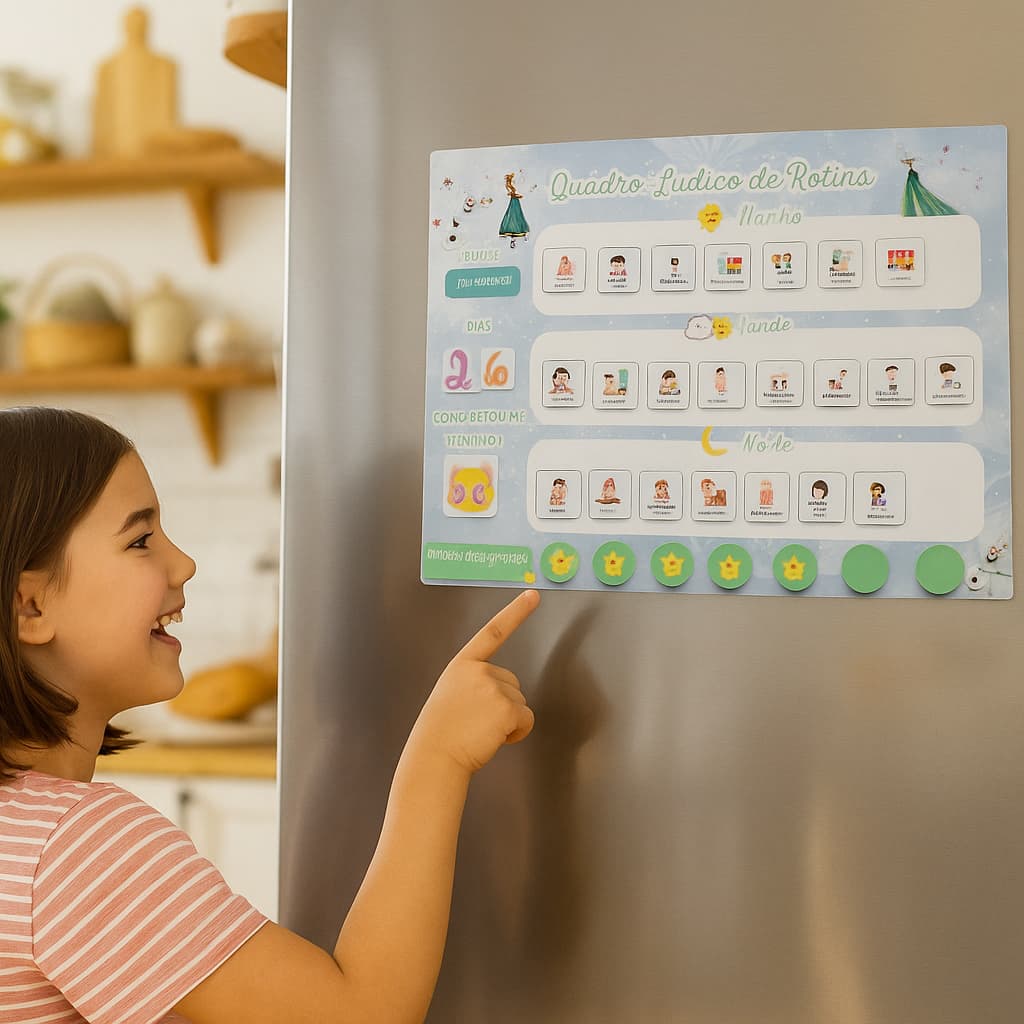 Quadro de Rotina Diária Infantil - Feito de  Imã para Fixação na Geladeira