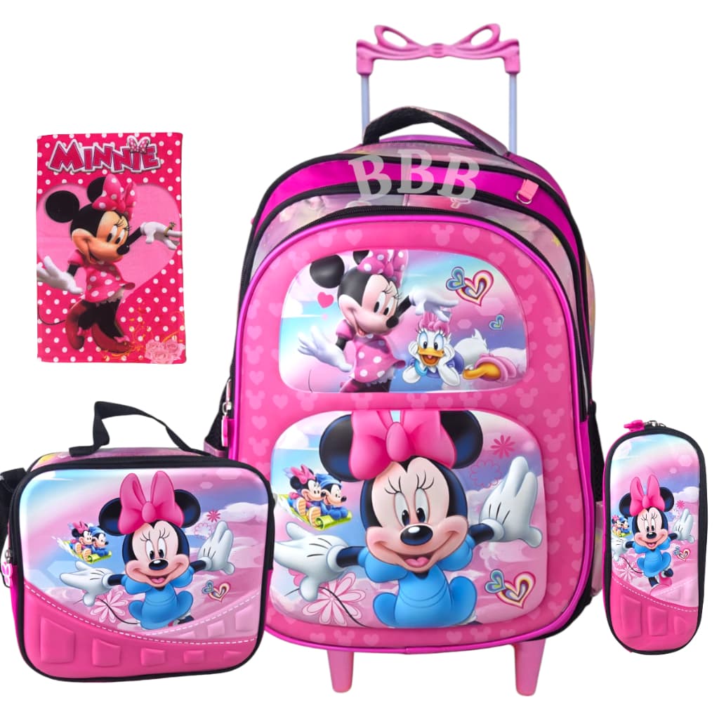 Kit Mochila  com rodinhas  Minnie 3D + Estojo + Lancheira + 🎁