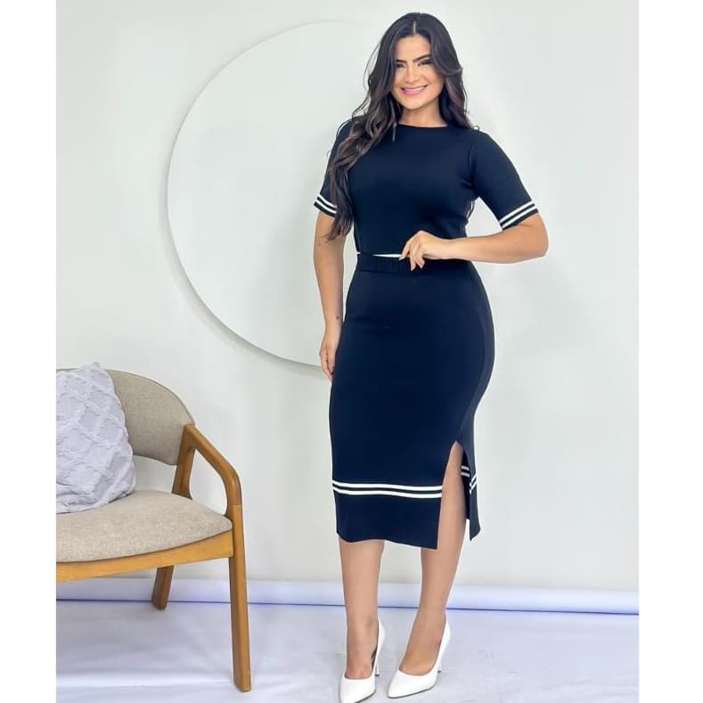Conjunto Trico Feminino LIstra Saia Midi Fenda Modal Moda blogueira toda estações linha luxo premium