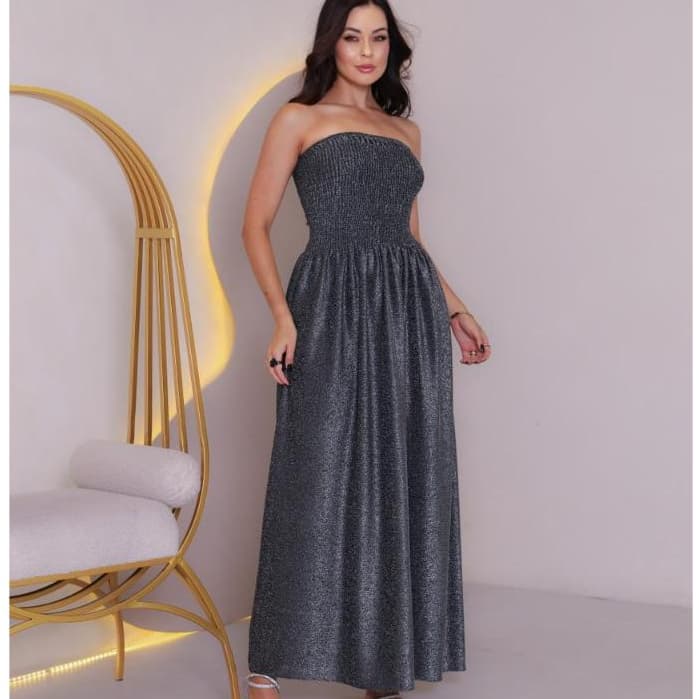 Vestido Feminino Longo Lurex com Brilho Tomara que Caia Lástex  Festa Elegante Luxo
