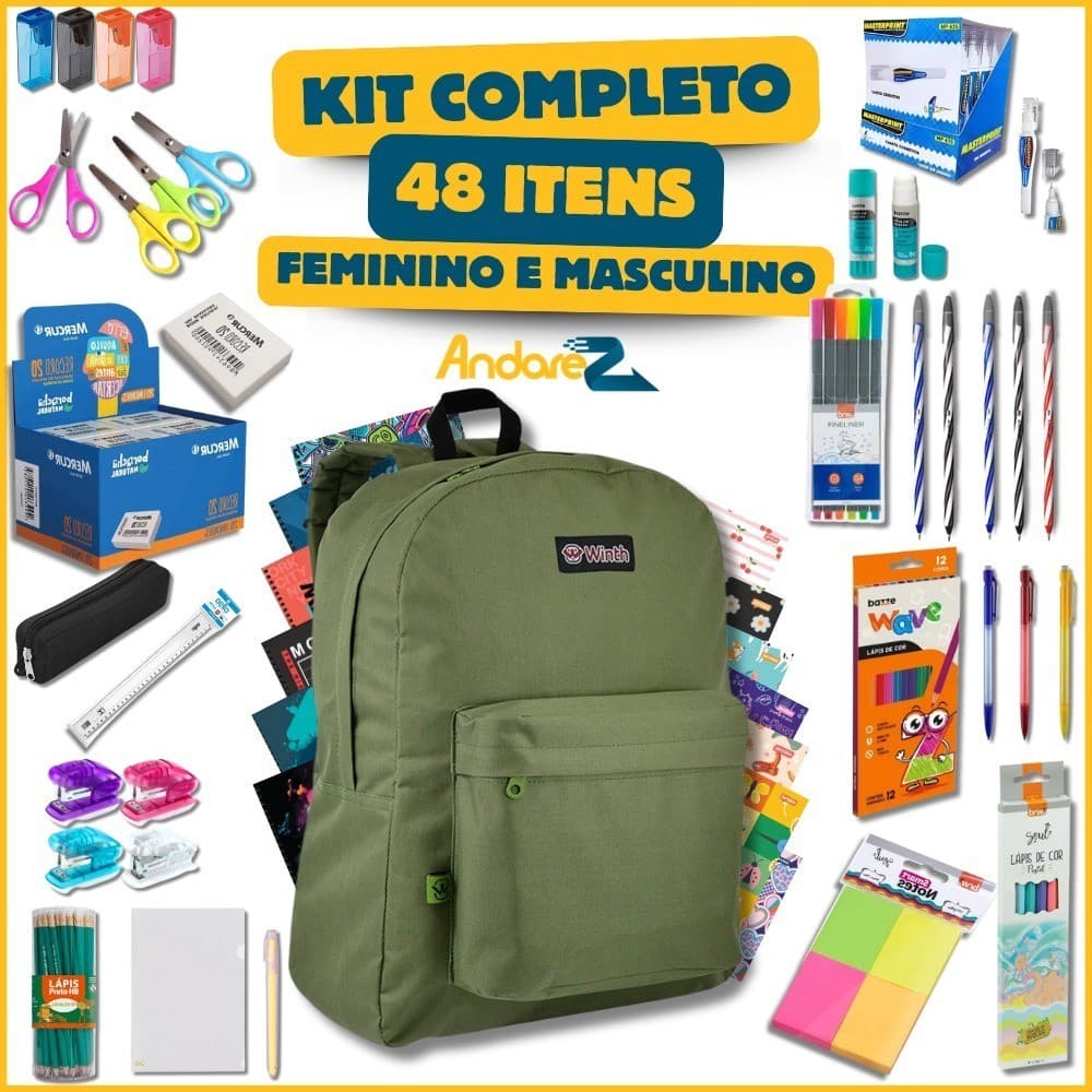 Kit material escola completo 48 ITENS com/sem mochila feminina masculina fundamental médio faculdade