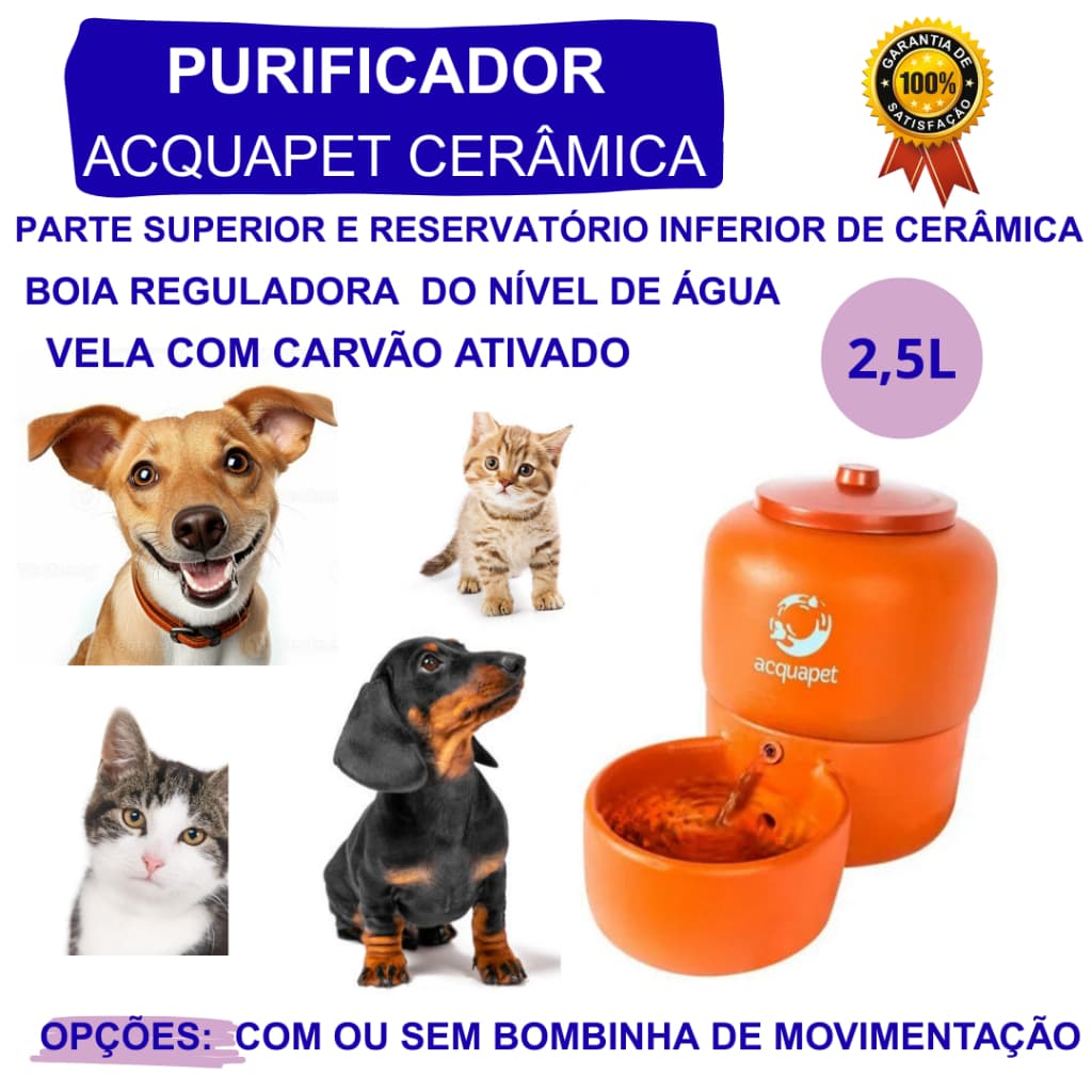Purificador de Cerâmica Para Pet  2,5L  Filtro Bebedouro de Água Gato Cachorro ACQUAPET