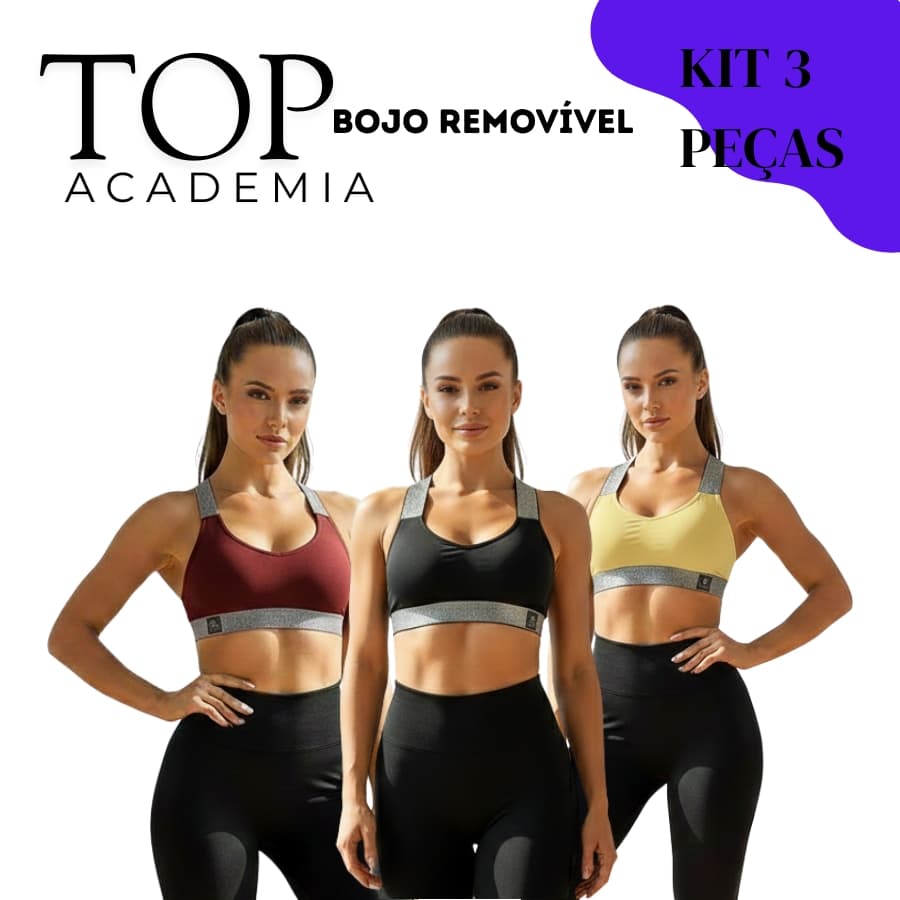 Top Academia Poliamida com Bojo Removivel KIt 3 peças treinos caminhadas