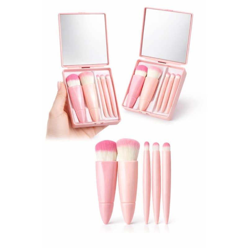 Mini Espelho De Maquiagem Portátil Com 5 Pcs Pincéis De Maquiagem Mão Bolso Dobrável