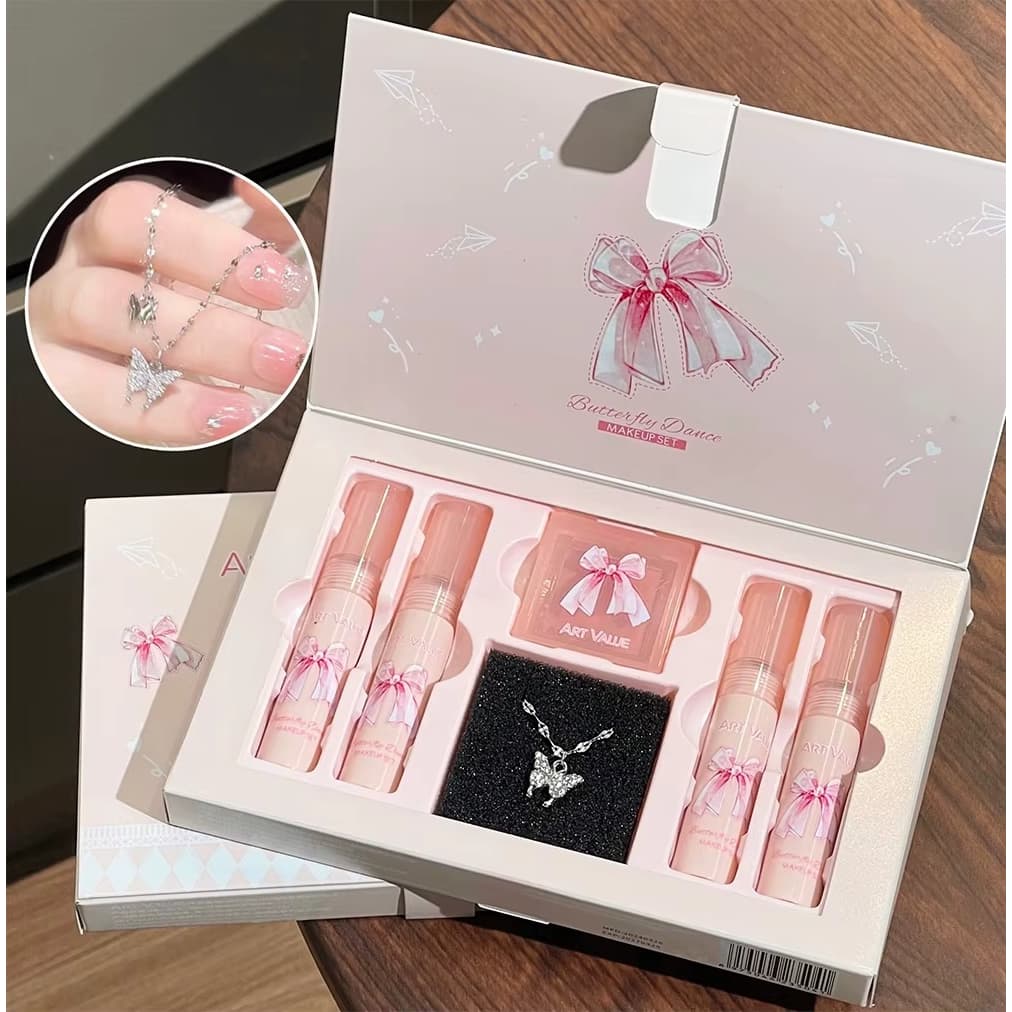 Kit Conjunto Com 6 Peças Maquiagem Batom Fosco Brilho Labial Hidratante Com Colar Presente Blush Paleta