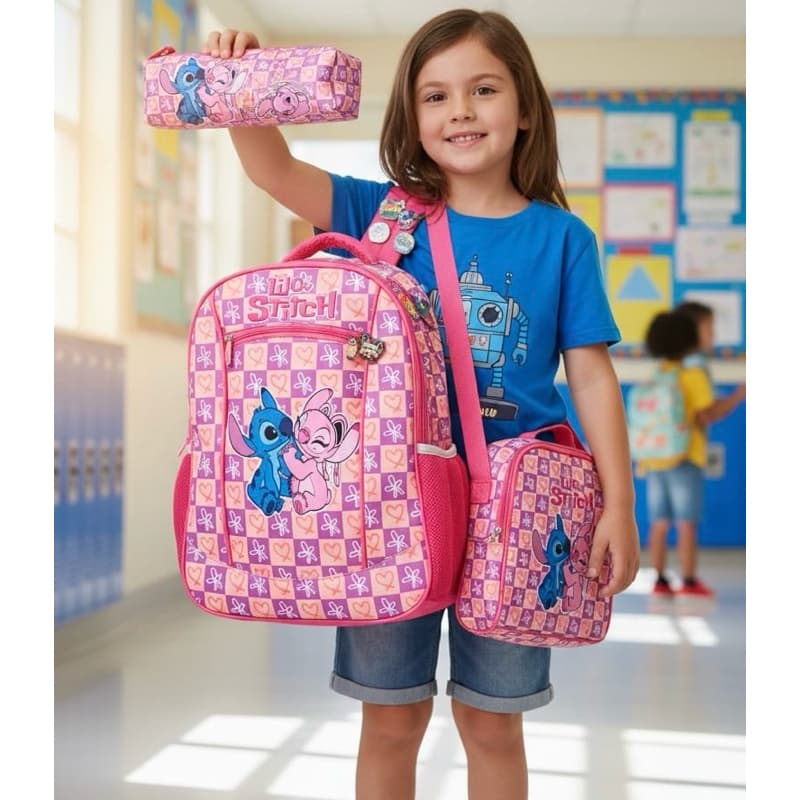 Kit Mochila Escolar Stitch Menina Infantil 3 Peças