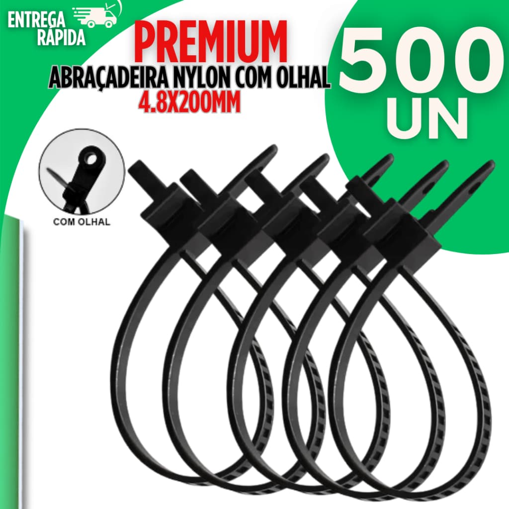 Kit 500 Peças Abraçadeiras Nylon 4,8x200mm Com Olhal Preta Enforca Gato Presilhas Cintas Plásticas