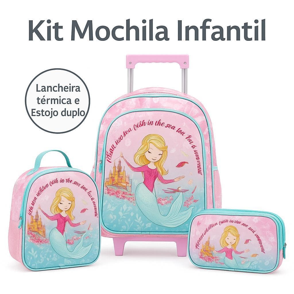 Kit Mochila Infantil Menina Com Rodinha Kit Escolar Com Lancheira Térmica Estojo Duplo