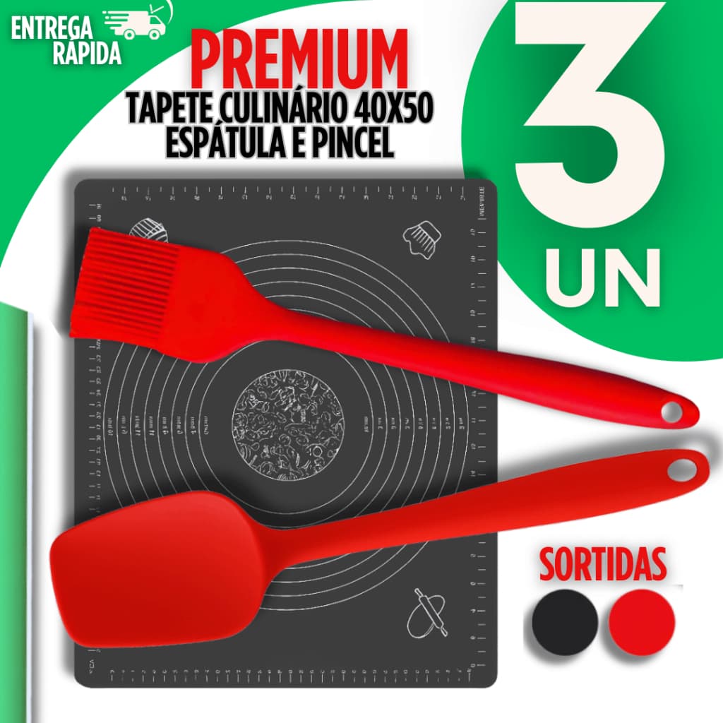 Conjunto 03 Peças - Tapete Culinário 40x50 + Pincel Culinário Silicone + Espátula Premium Utilidades