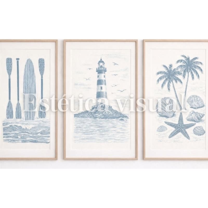 Quadro decorativo alto luxo 3 peças 60×40 coqueiro , farol , mar e acessórios