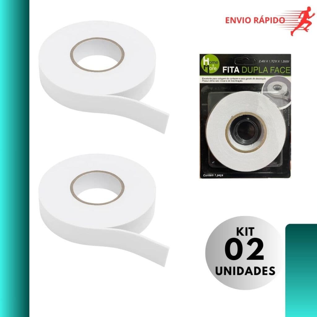 Kit 2 Fita Dupla Face de Espuma Vinílica 2,4m Alta Aderência Uso Doméstico e Profissional