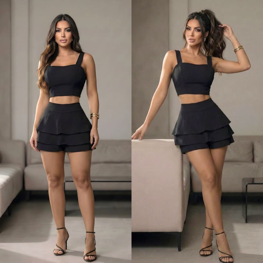 Conjunto Feminino Shorts Saia e Cropped Preto Babado Tecido Duna Premium Festa Balada