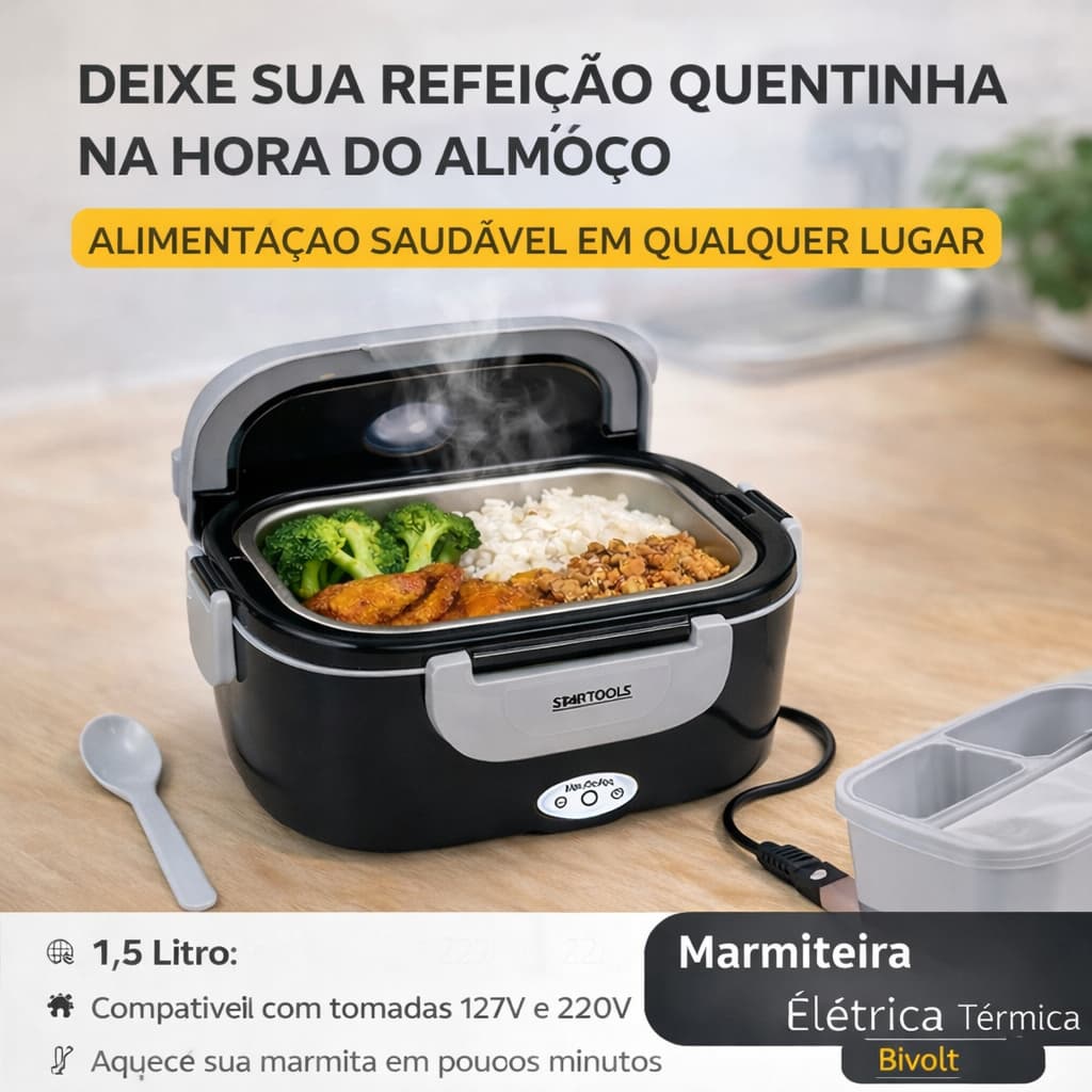Marmiteira Elétrica Alimento Térmica 1,5 Litros Bivolt Aquece Sem Água Portátil Trabalho Viagem