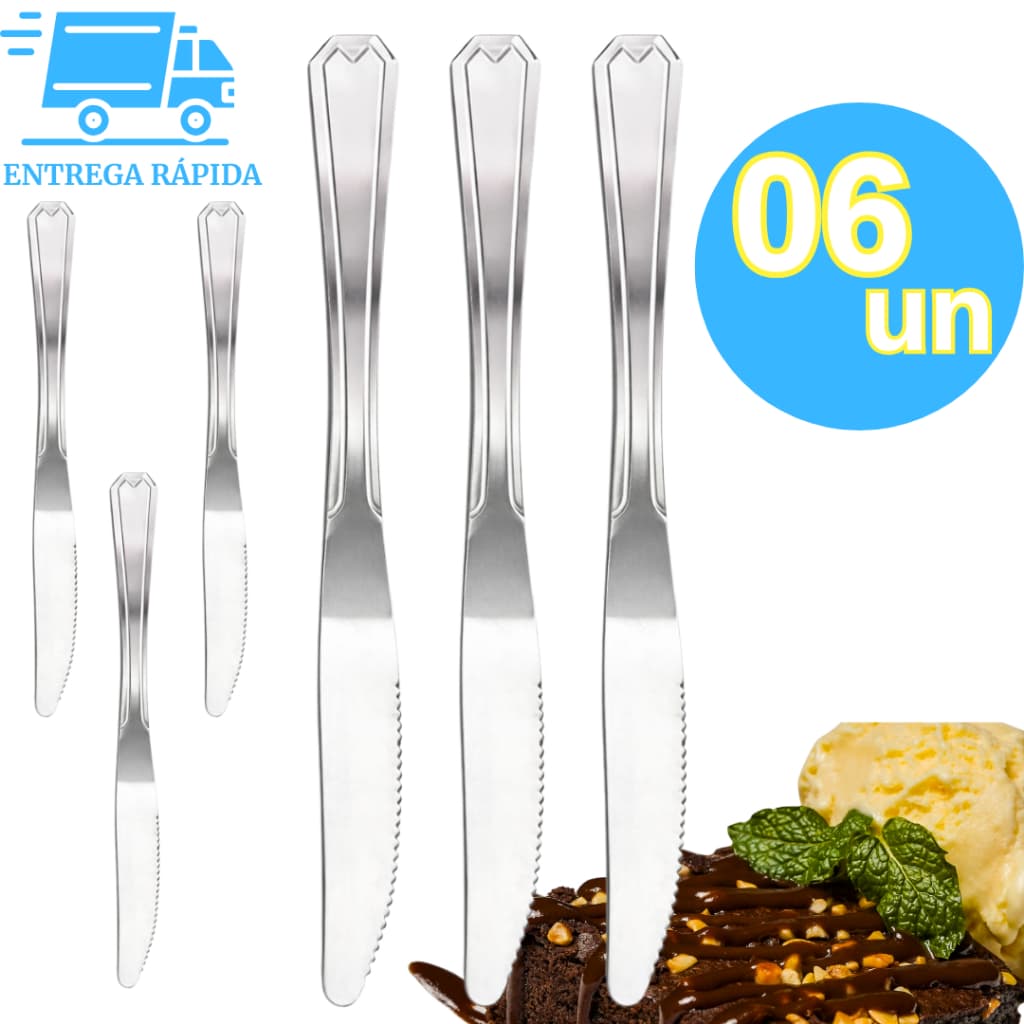 Kit 6 Faca de Sobremesa Linha Inox Premium Qualidade Resistência Durabilidade para Bolo Torta