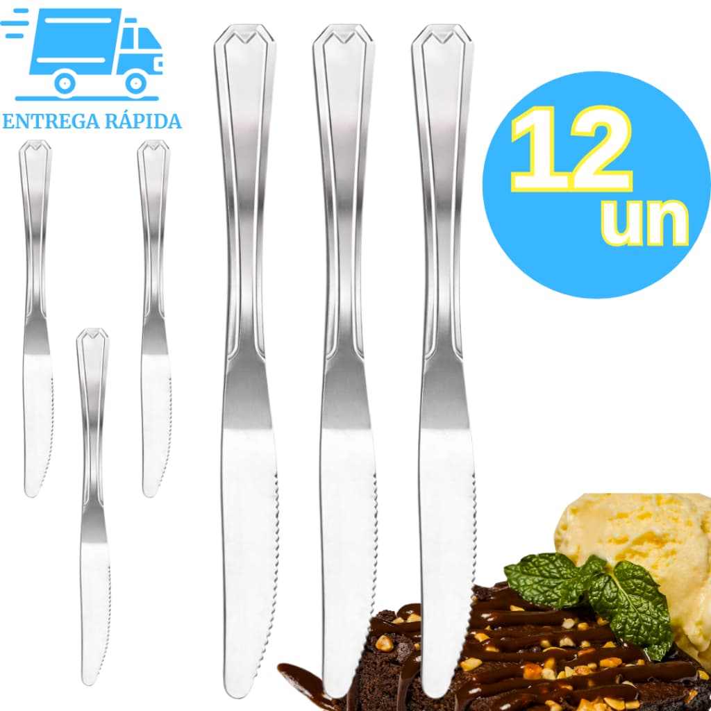 Kit 12 Facas Inox Premium Serrilhadas Resistentes de Sobremesa para Bolos, Tortas e Doces Cozinha