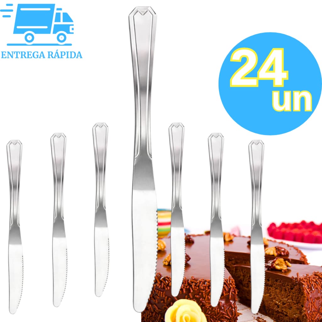 Kit 24 Faca de Sobremesa Linha Inox Premium Qualidade Resistência Durabilidade Bolo Torta Talheres