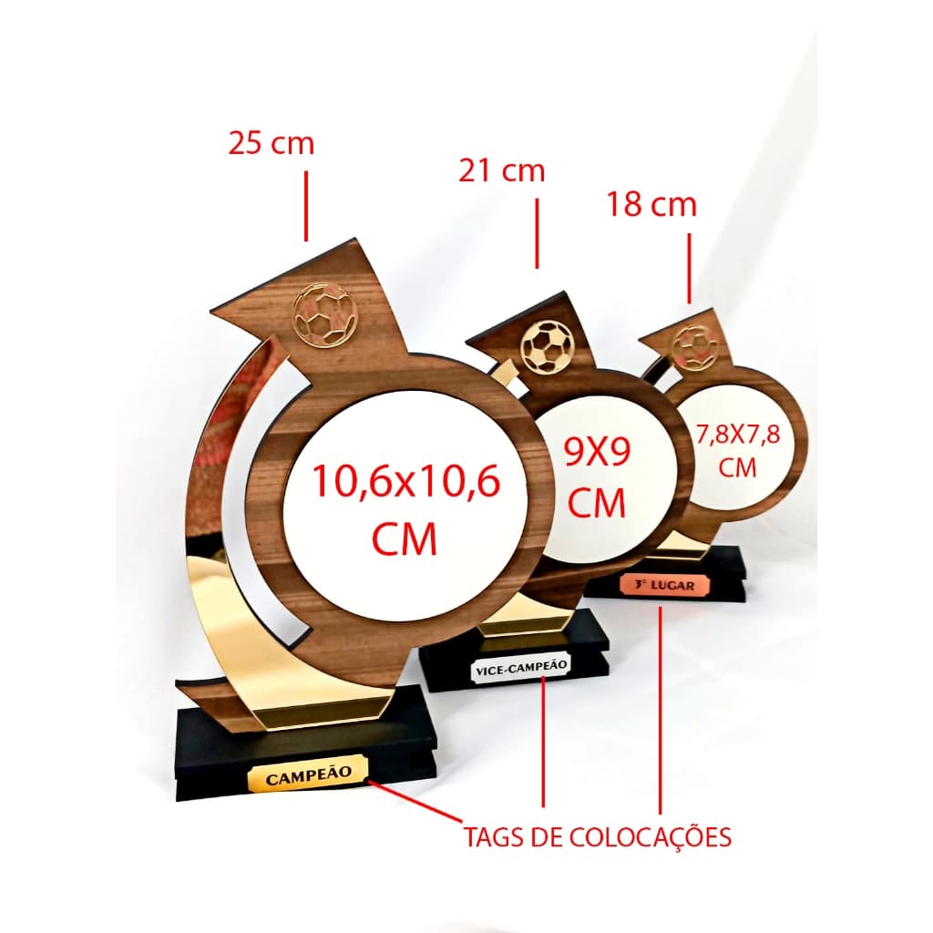 12 Troféus Vários Esportes para Personalização, Em Acrílico e MDF, Acabamento Premium