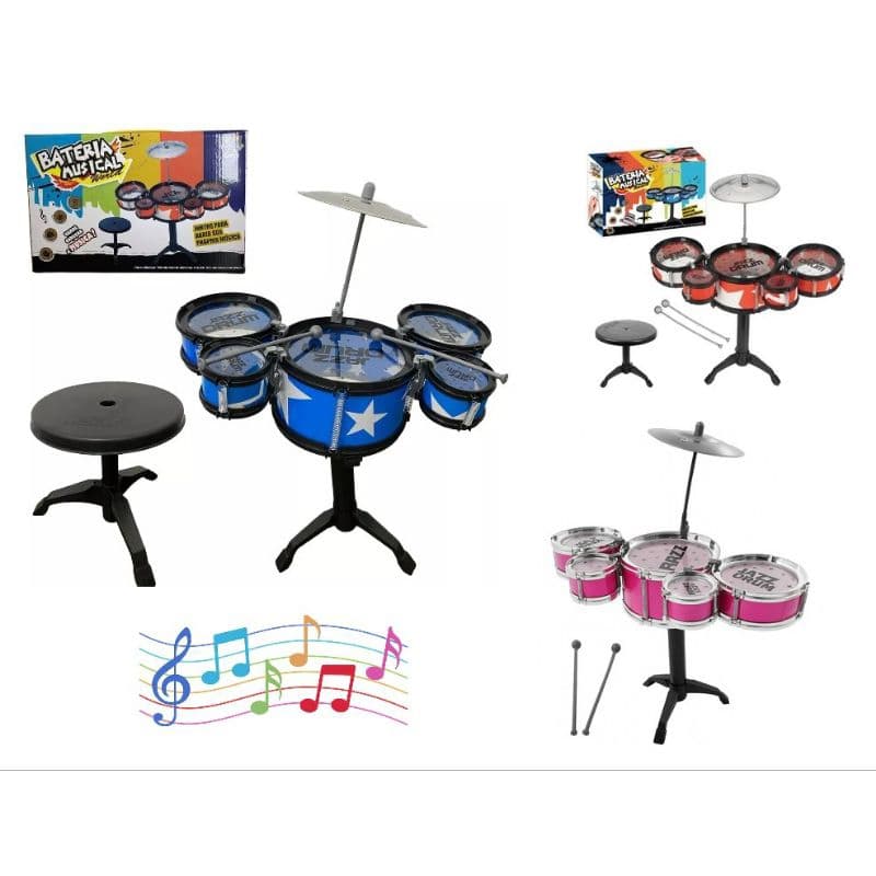 Bateria Musical Infantil 3 ou 5 Tambores com Banquinho e Baquetas Brinquedo Instrumento Musical