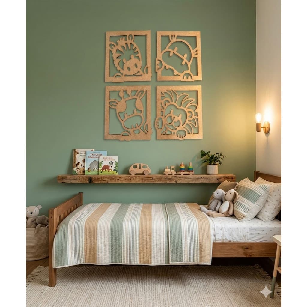 Kit Com 4 Quadros Decorativos Safari Baby Vazado Quarto Infantil Menino e Menina
