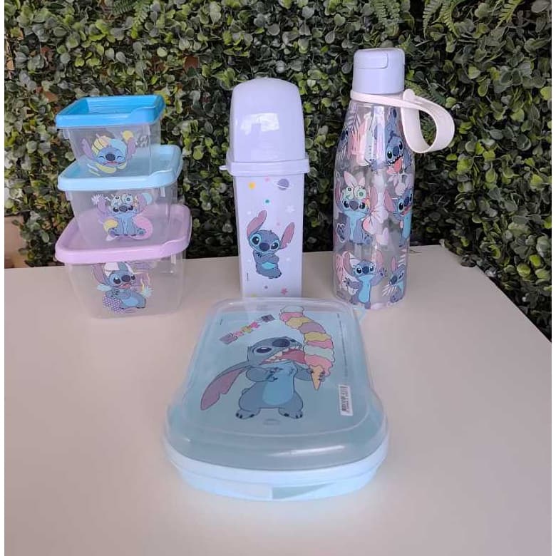 Kit Stitch (4 itens), sanduicheira, trio connect, porta escova de dentes e garrafa para agua