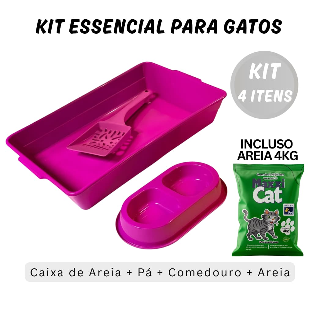 Caixa de Areia para Gatos Kit com Bandeja Pá Higiênica Comedouro Duplo e Areia Kit 3 peças + Areia