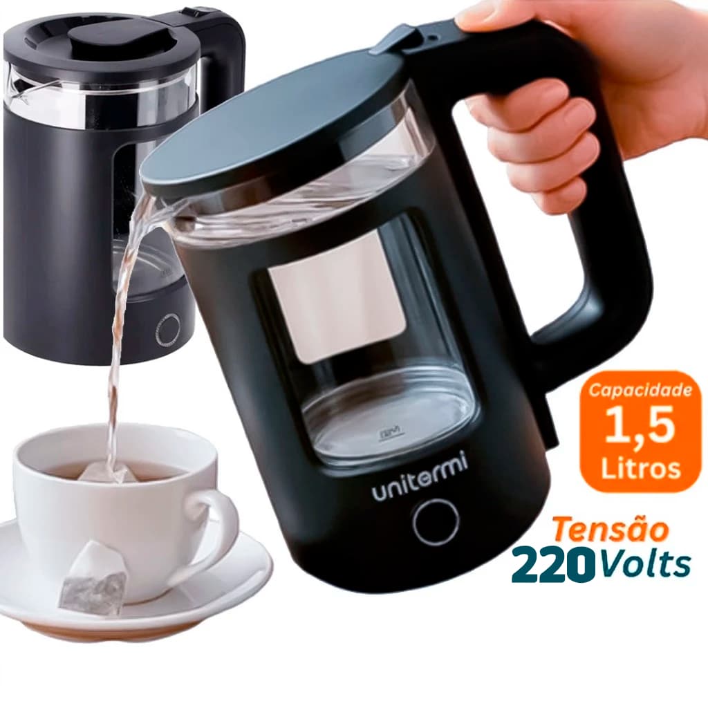Chaleira elétrica vidro 1,500ML Elétrica 220V Desligamento Automático 1100W 220V Unitermi Mali Preta