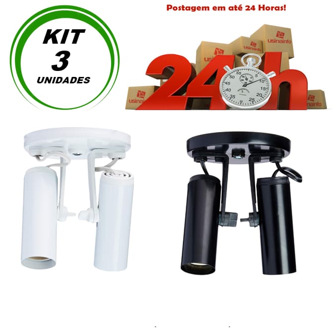 Spot Duplo Sobrepor Tubinho Kit 3 Unidades Preto ou Branco