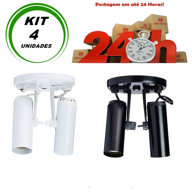 Spot Duplo Tubinho Sobrepor Kit 4 Unidades Preto ou Branco