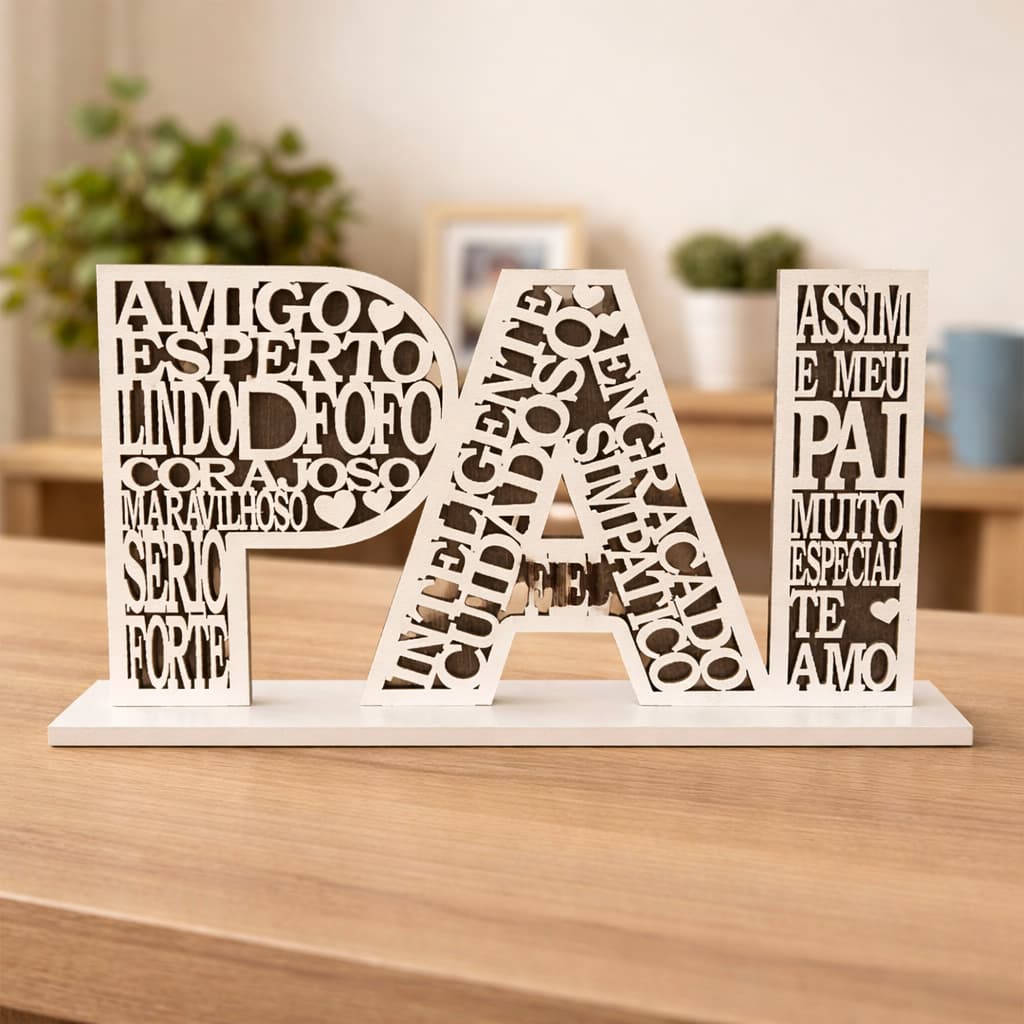 Enfeite Decorativo “PAI” em MDF Vazado – Presente Dia dos Pais Personalizado, Frase Afetiva