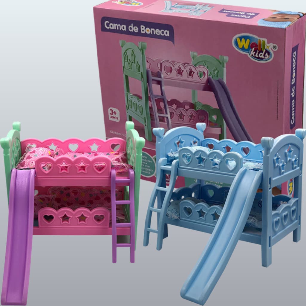 Cama de Boneca com Escorregador Rosa ou Azul - Berço de Brinquedo