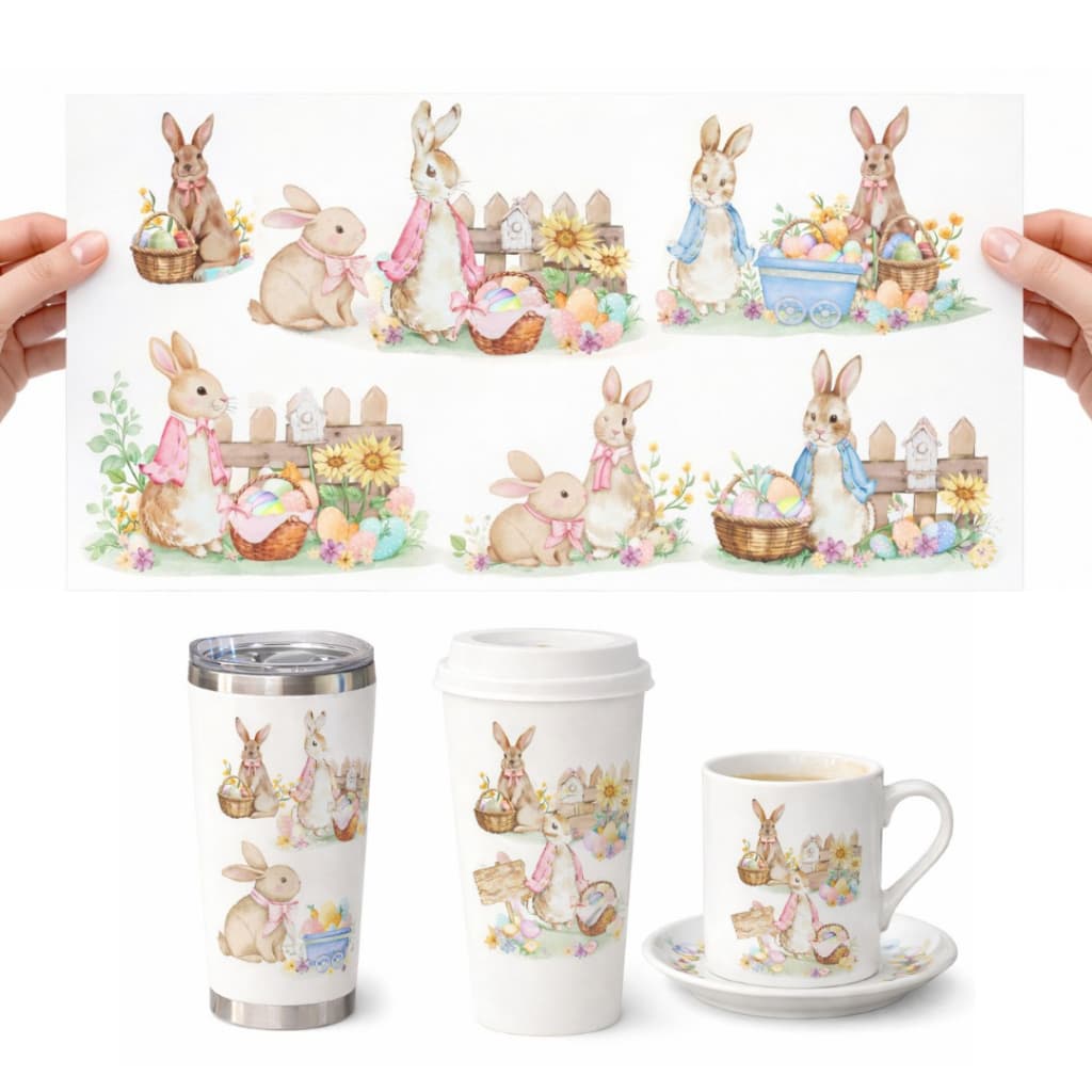 Cartelas de Adesivos Coelhos Pascoa DTF UV  tamanho A4 – Personalize Canecas, Copos, Presentes e Muito Mais!