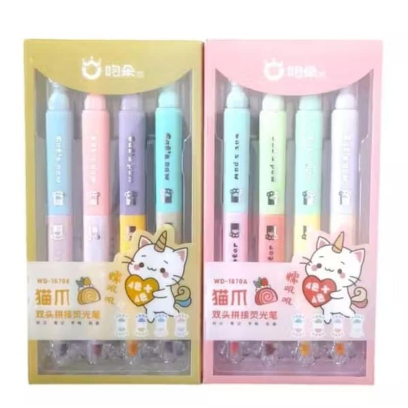 Kit 4 Canetas Marca Texto Ponta Dupla 8 Cores Kawaii Gatinho Unicórnio – Edição Especial Luxo