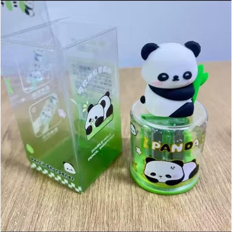 Apontador De Lápis Panda Com Reservatório Furo Duplo Escolar Fofo