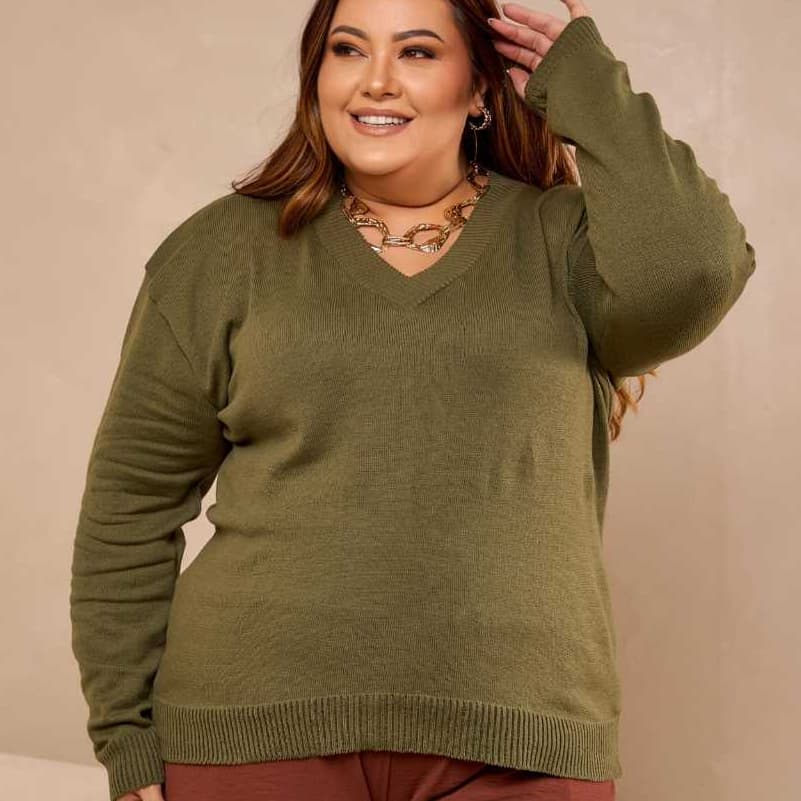 Blusa Feminina Plus Size Suéter Gola V Básica Trico Qualidade Premium Outono Inverno Veste 48 ao 60