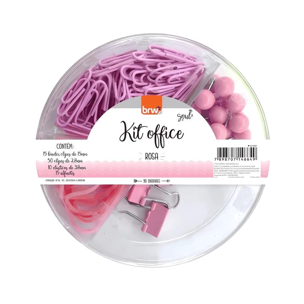 Kit Escritório Office Rosa Alfinete Clipes Elásticos 90 Peças BRW