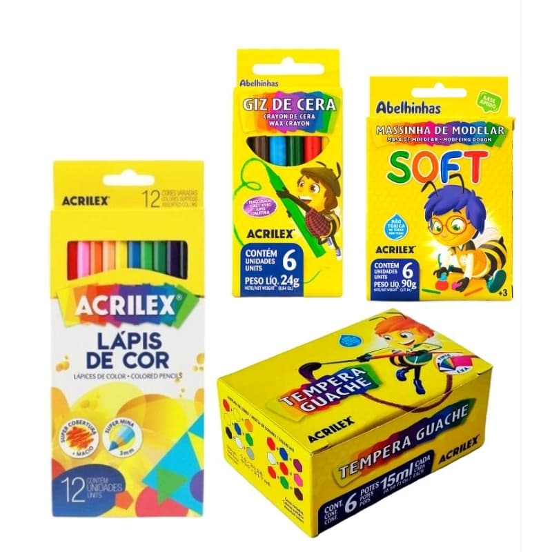 Kit Escolar Acrilex: 1 massinha 6 cores, 1 lapis de cor 12 cores, 1 tinta guache 6 cores e 1Giz de cera jumbo 6 cores