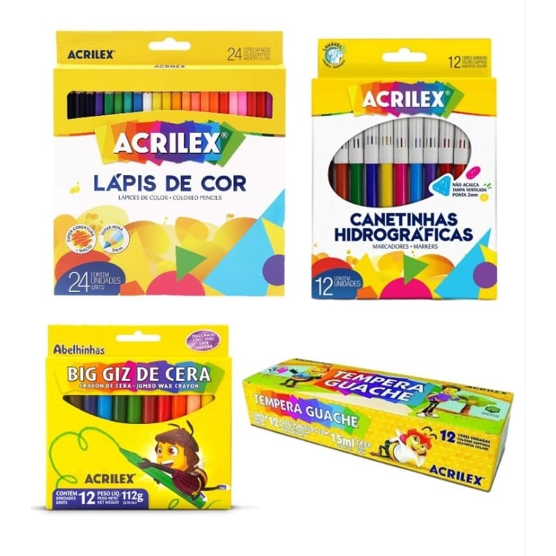 Kit Escolar Acrilex: lapis 24 cores, canetinhas 12 cores, tinta guache 12 cores e massinha soft 12 cores