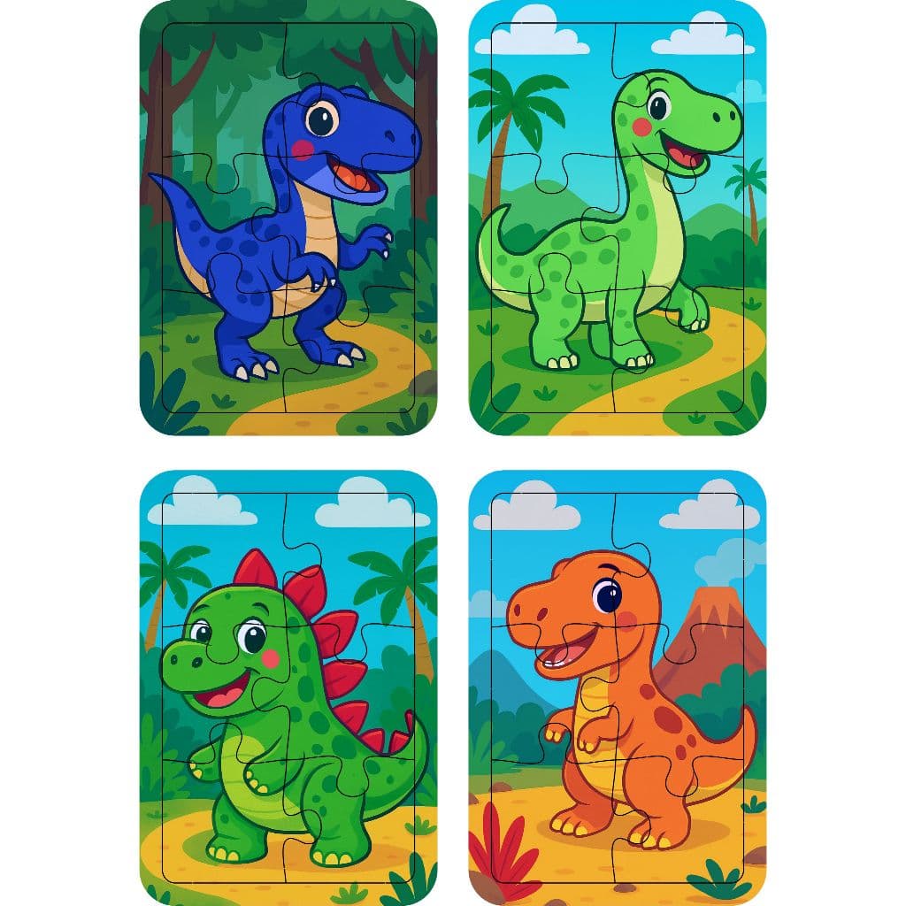 Kit 4 Quebra-Cabeça Infantil Educativo MDF 6 Peças Cada - Dinossauros | Montessori