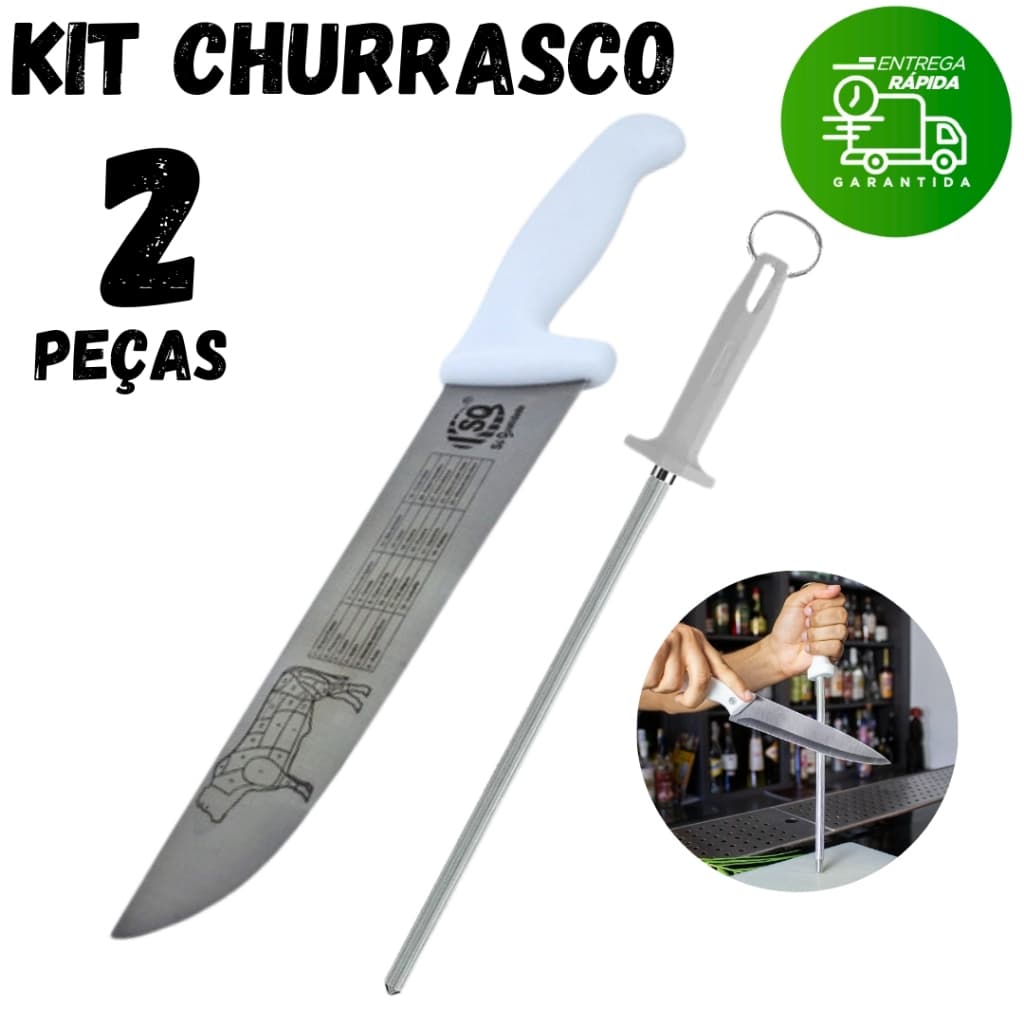 Faca e Chaira Profissional Afiador Amolador Açougueiro Cozinheiro Churrascaria Cozinha Buffet