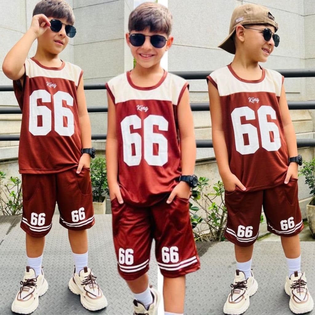 Conjunto Infantil Menino Estiloso Verão Lançamento Juvenil  Camiseta e Bermuda Veste Do 2 ao 12 anos
