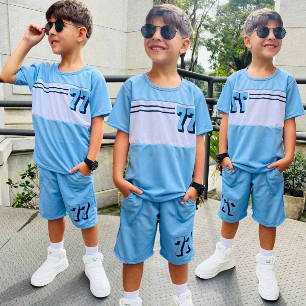 Conjunto Infantil Menino Estiloso Verão Lançamento Juvenil Camiseta e Bermuda Veste Do 2 ao 12 anos