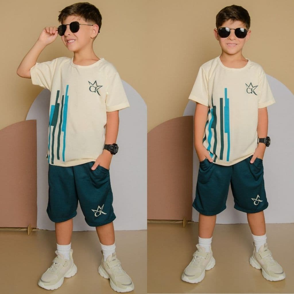 Conjunto Infantil Menino Juvenil Verão Estiloso bermuda e Camiseta Premium  Veste Do 2 até 12 anos