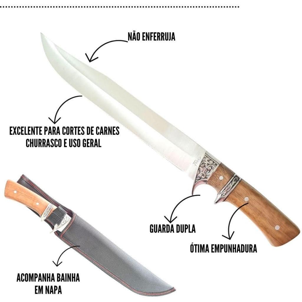 Faca Para Churrasco 10 Polegadas Lâmina Em Aço Inox Cabo Madeira  Com Bainha Com Guarda Dupla