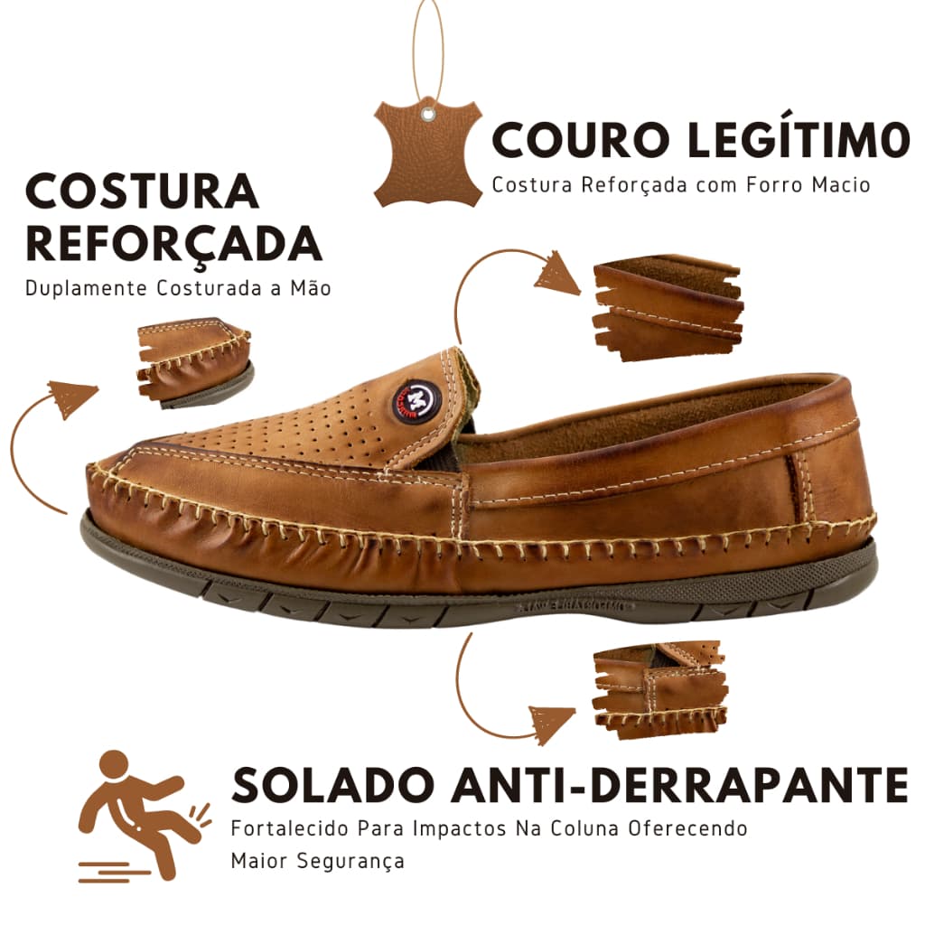 Sapato Sapatilha Mocassim Ortopédico Anti Stress Masculino Couro Legitimo Solado Anti Derrapante