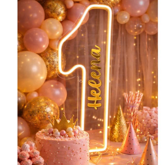 Luminária Número 1 neon e acrilico espelhado nome personalizado para festas 40cm com ou sem fonte